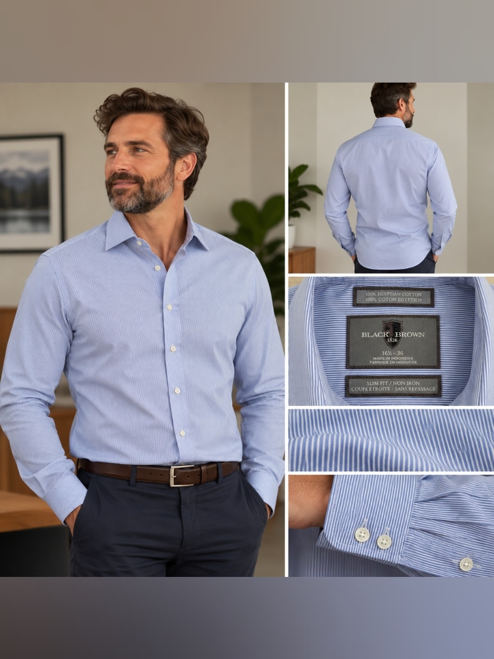 Black Brown 1826 Men's Blue Microstripe Dress Shirt – 16.5/36